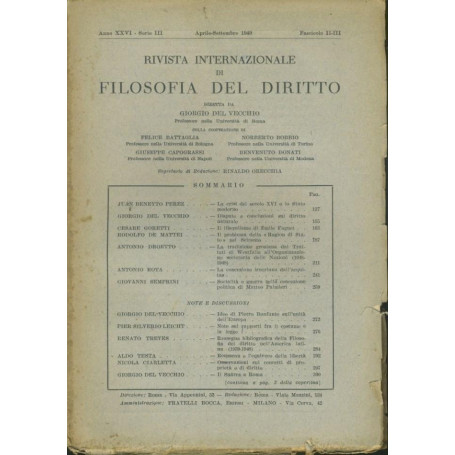 Rivista internazionale di filosofia del diritto. Anno XXVI. Serie III. Aprile- Settembre 1949