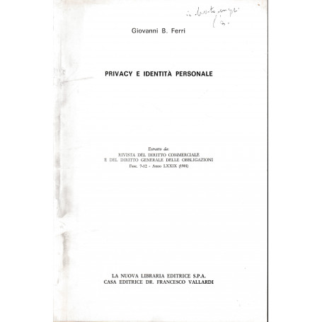 Privacy e identità personale. Estratto da: Rivista del diritto commerciale e del diritto generale delle obbligazioni  fas