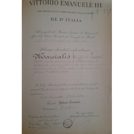 Raccolta di Decreti per Lugi Marcialis con firme di Vittorio Emanuele Giolitti Crispi Depretis Bonomi Nitti Boselli ecc